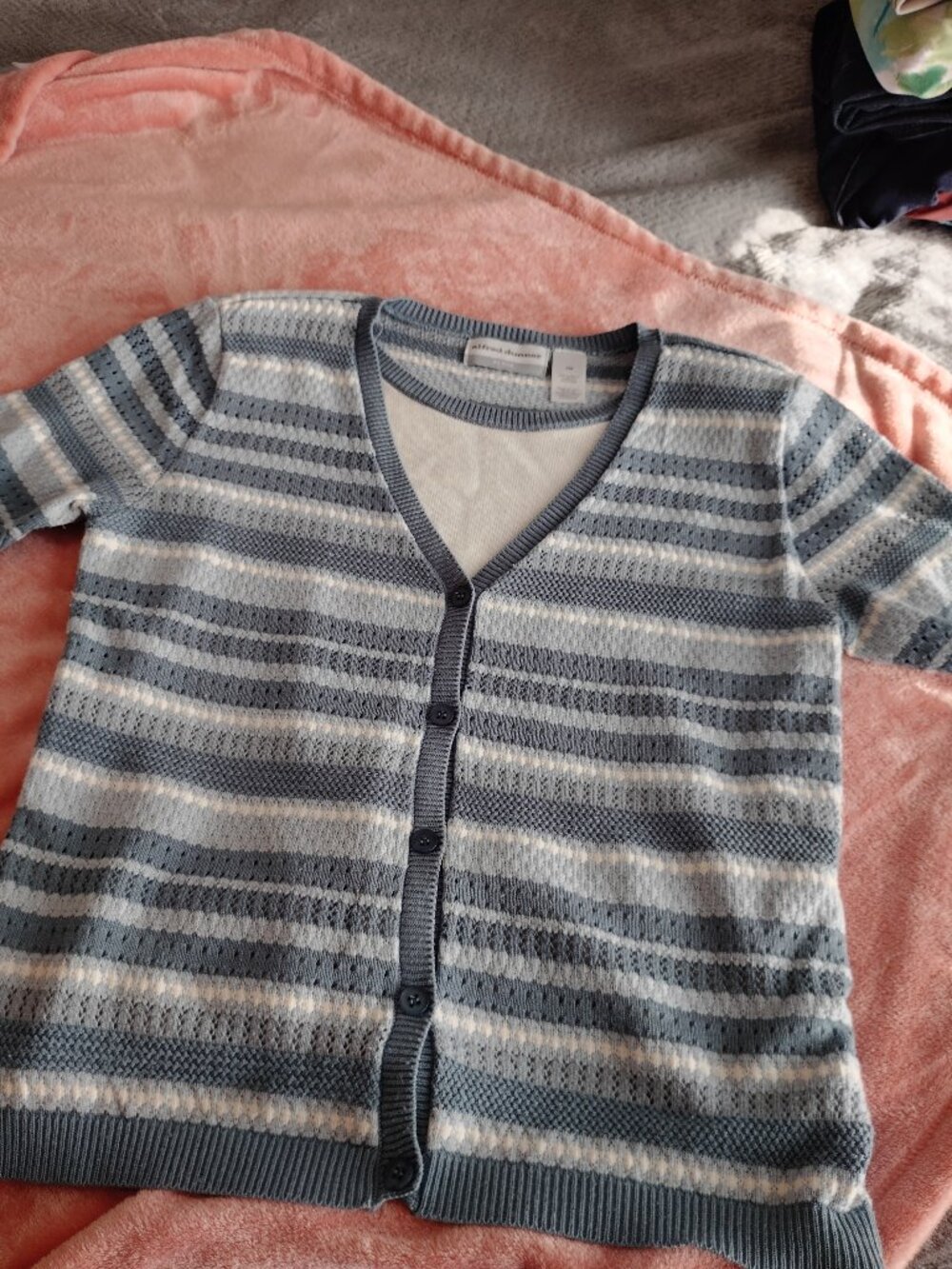 Alfred Dinner Petite Medium blue and white striped knitted shirt